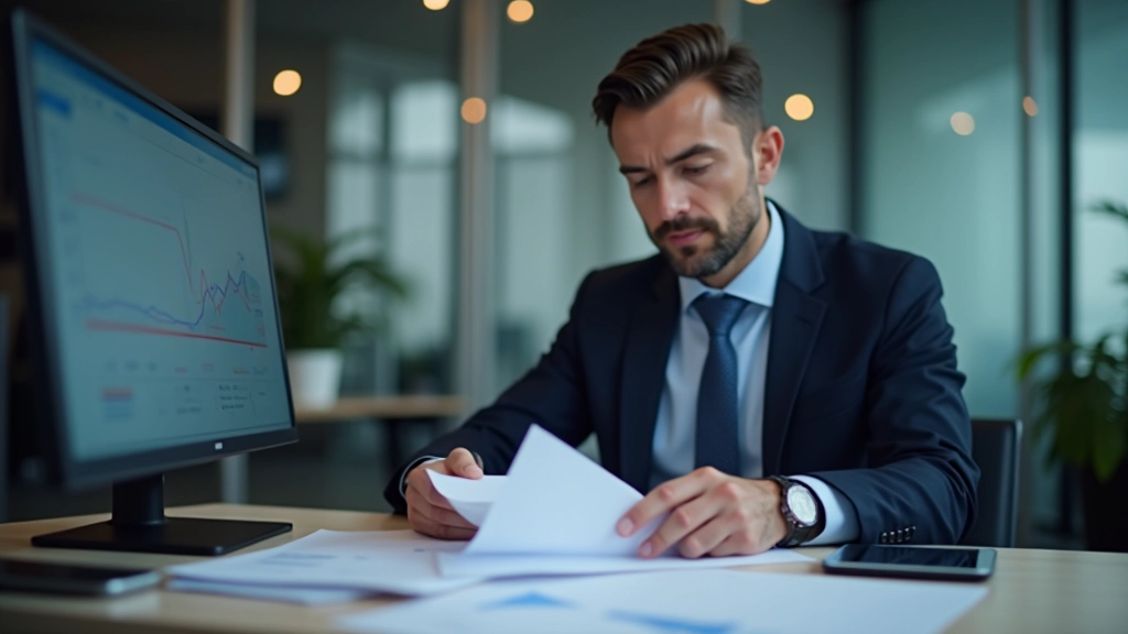 Finansų analitiker peržiūri ataskaitų dokumentus prie kompiuterio ekrano su grafikais