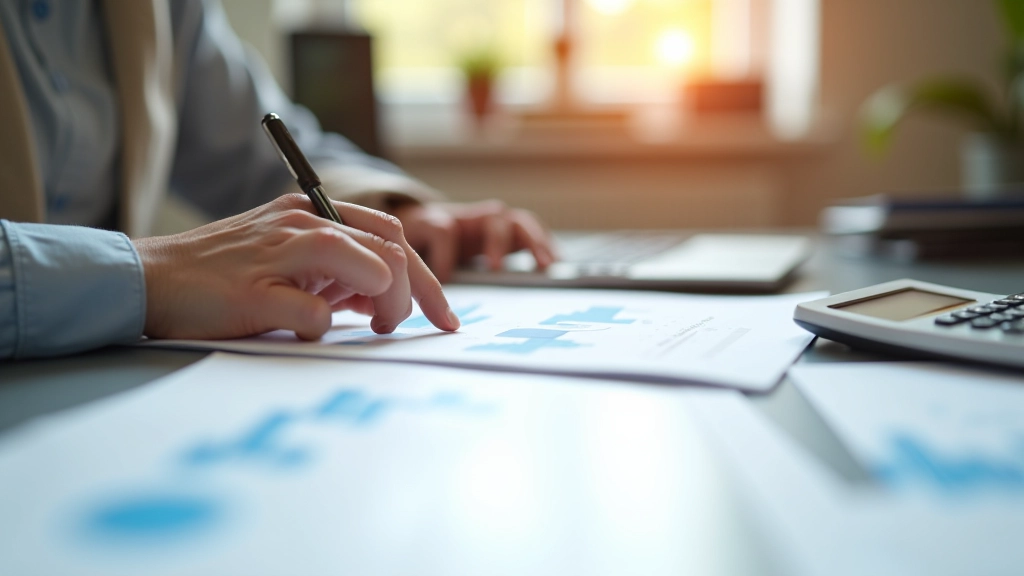 Finansinis analitiko darbo stalas su skaičiuotuvais, pelningimo diagramomis ir ataskaitomis