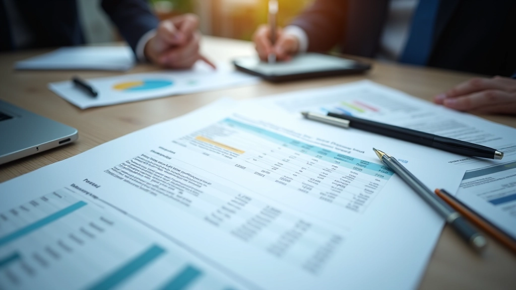 Finansinis dokumentas ant stalo su skaičiuokle ir rašikliu